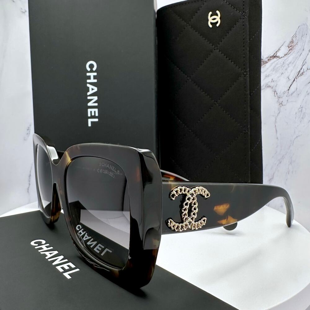 New CHANEL Sunglasses Brown Acetate Tortoise Square Gold Metal Chain CC - Picture 10 of 16